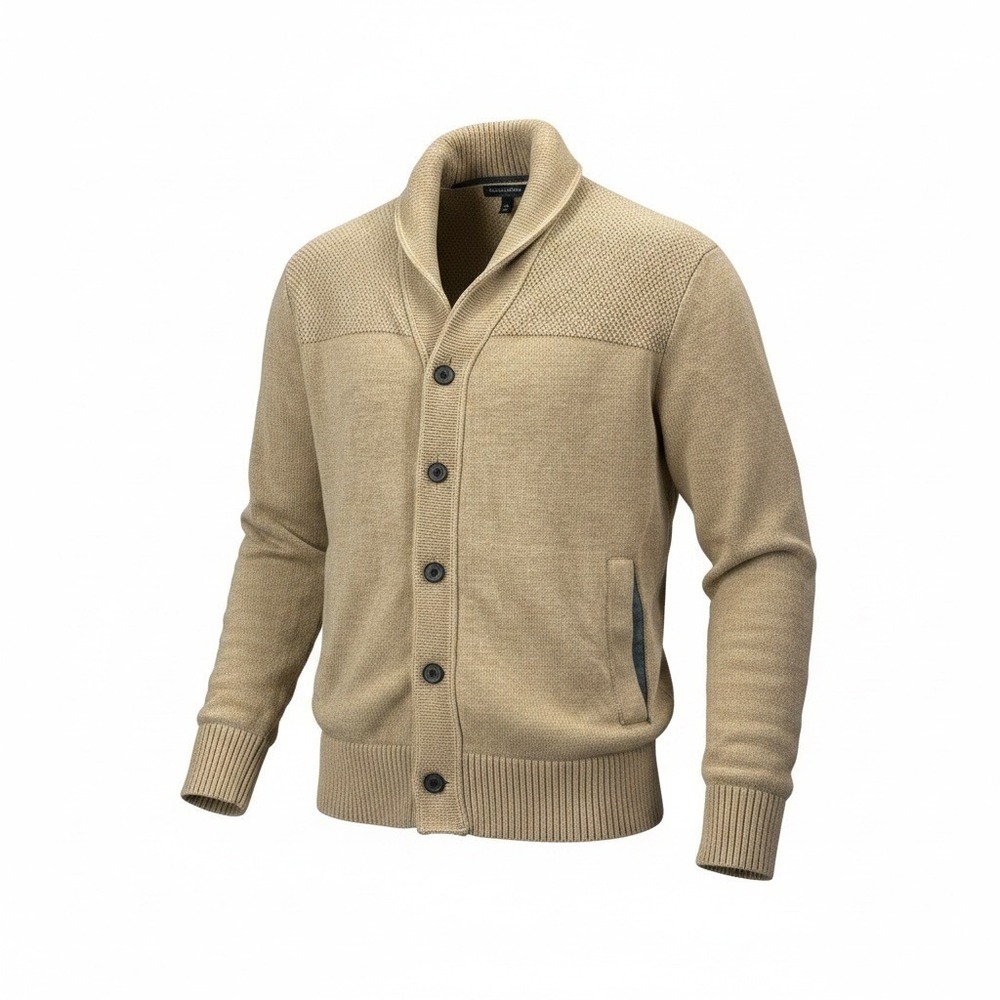 BR Cardigan L Tan Shawl Collar Button Old Money Preppy Grandpa Academic Layering